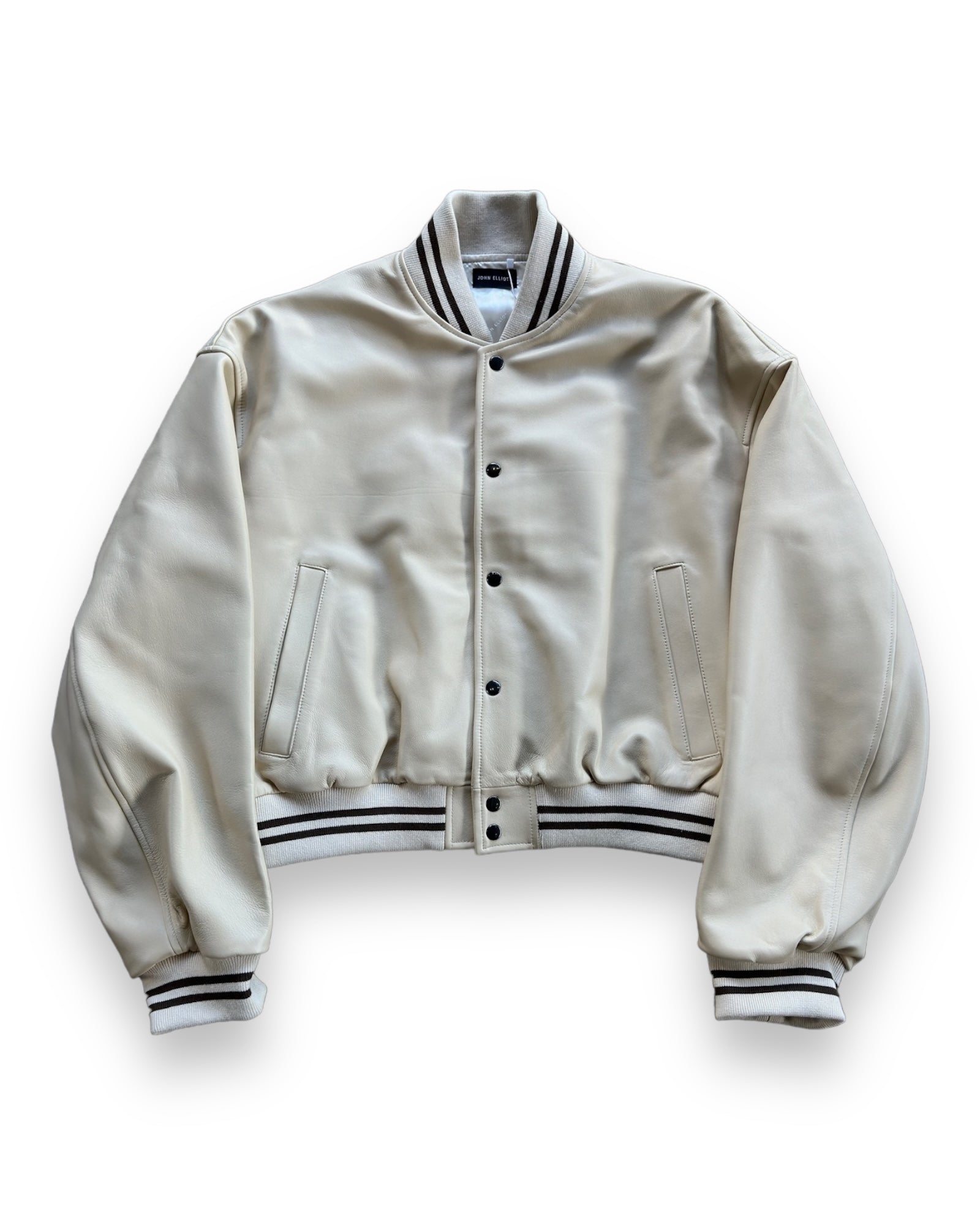 John Elliott Leather Stadium Jacket - Ivory/Brown